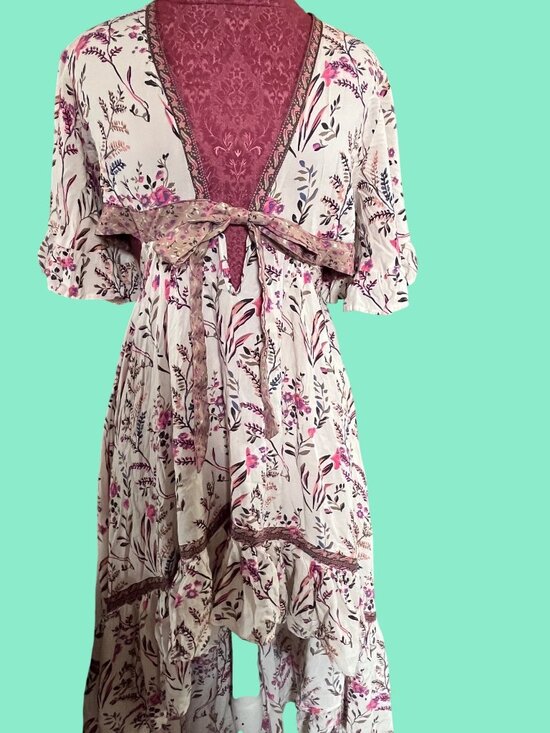 None Dresses & Skirts - Floral High-Low Wrap Dress With Ruffle Hem Bell Sleeves & Tie Waist Beige & Pink